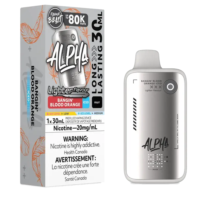 Flavour Beast Alpha 80K Bangin' Blood Orange Iced disposable vape with 80,000 puffs, 4 power modes, and DOT Matrix display.