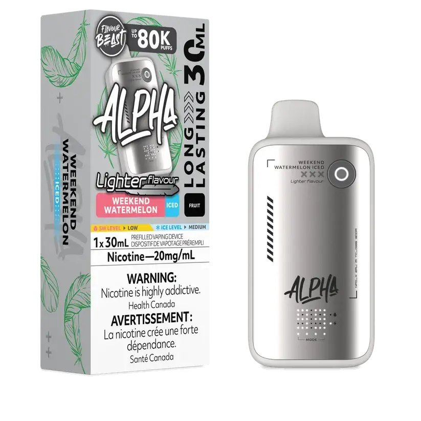 Flavour Beast Alpha 80K Weekend Watermelon Iced disposable vape with 80,000 puffs, 4 power modes, and DOT Matrix display.