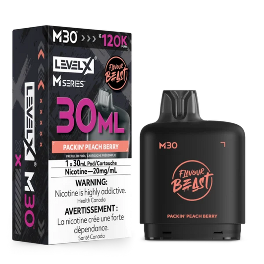Level X Flavour Beast M Series 30ml Pod in Packin Peach Berry flavour for Level X device.

