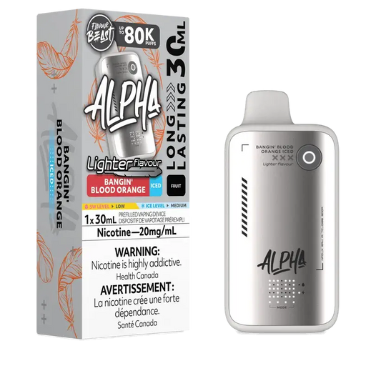 Flavour Beast Alpha 80K Bangin' Blood Orange Iced disposable vape with 80,000 puffs, 4 power modes, and DOT Matrix display.

