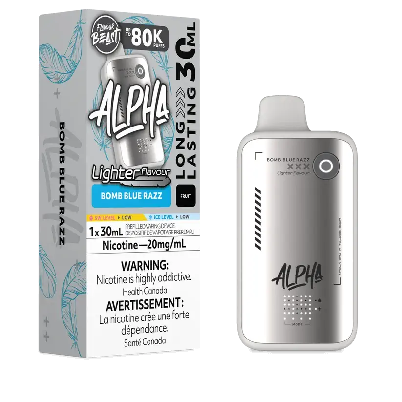 Flavour Beast Alpha 80K Bomb Blue Razz disposable vape with 80,000 puffs, 4 power modes, and DOT Matrix display.

