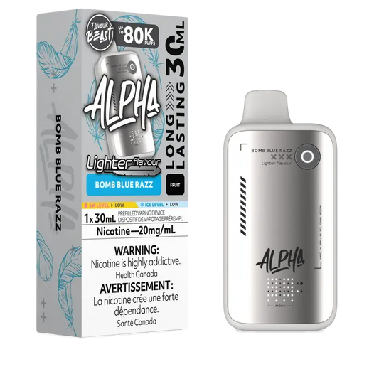 Flavour Beast Alpha 80K Bomb Blue Razz disposable vape with 80,000 puffs, 4 power modes, and DOT Matrix display.

