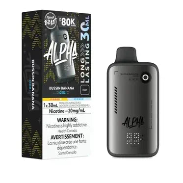 Flavour Beast Alpha 80K Bussin Banana Iced disposable vape with 80,000 puffs, 4 power modes, and DOT Matrix display.

