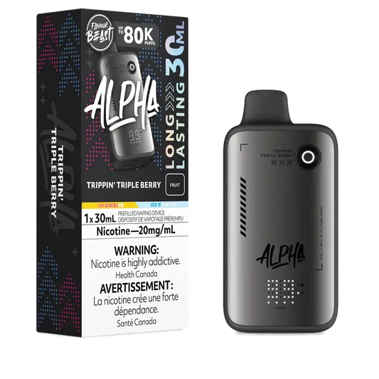 Flavour Beast Alpha 80K Trippin' Triple Berry disposable vape with 80,000 puffs, 4 power modes, and DOT Matrix display.

