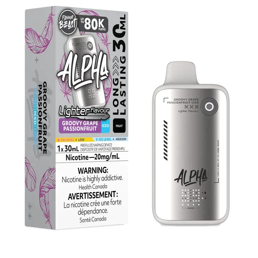 Flavour Beast Alpha 80K Groovy Grape Passionfruit Iced disposable vape with 80,000 puffs, 4 power modes, and DOT Matrix display.

