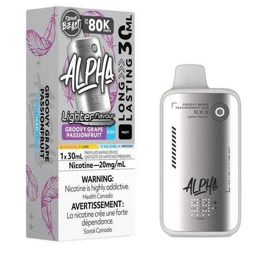 Flavour Beast Alpha 80K Groovy Grape Passionfruit Iced disposable vape with 80,000 puffs, 4 power modes, and DOT Matrix display.

