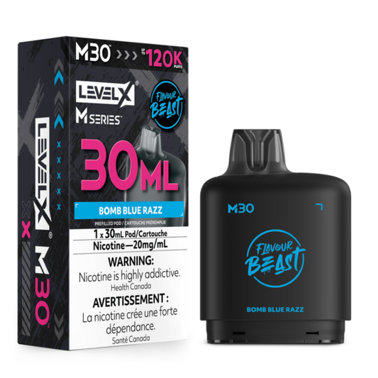 Level X Flavour Beast M Series 30ml Pod in Bomb Blue Razz flavour for Level X device.

