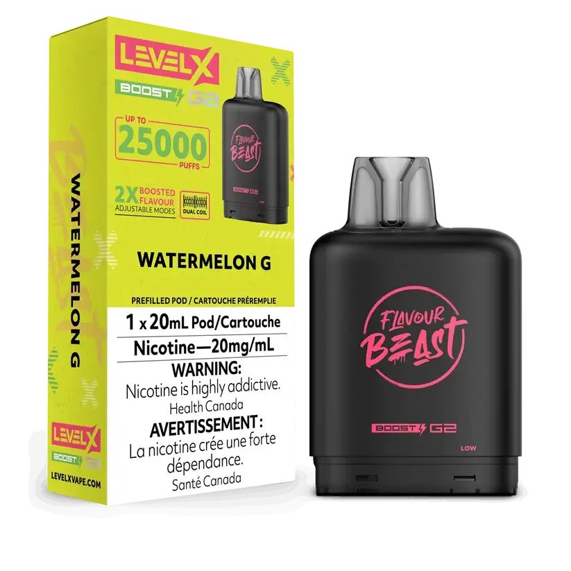 Flavour Beast G2 Ultra Level X Watermelon G ONT disposable vape pods with premium flavor intensity.