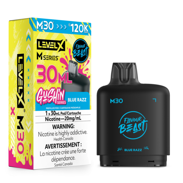 Level X Flavour Beast M Series 30ml Pod in Gushin Blue Razz flavour for Level X device.

