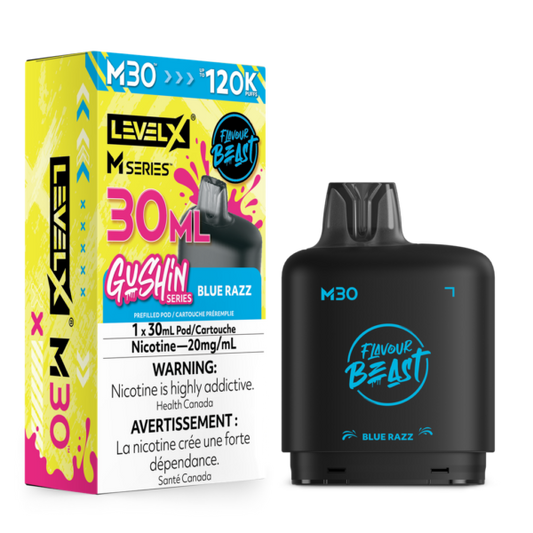 Level X Flavour Beast M Series 30ml Pod in Gushin Blue Razz flavour for Level X device.

