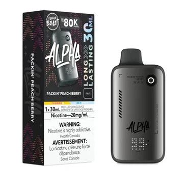 Flavour Beast Alpha 80K Packin' Peach Berry disposable vape with 80,000 puffs, 4 power modes, and DOT Matrix display.

