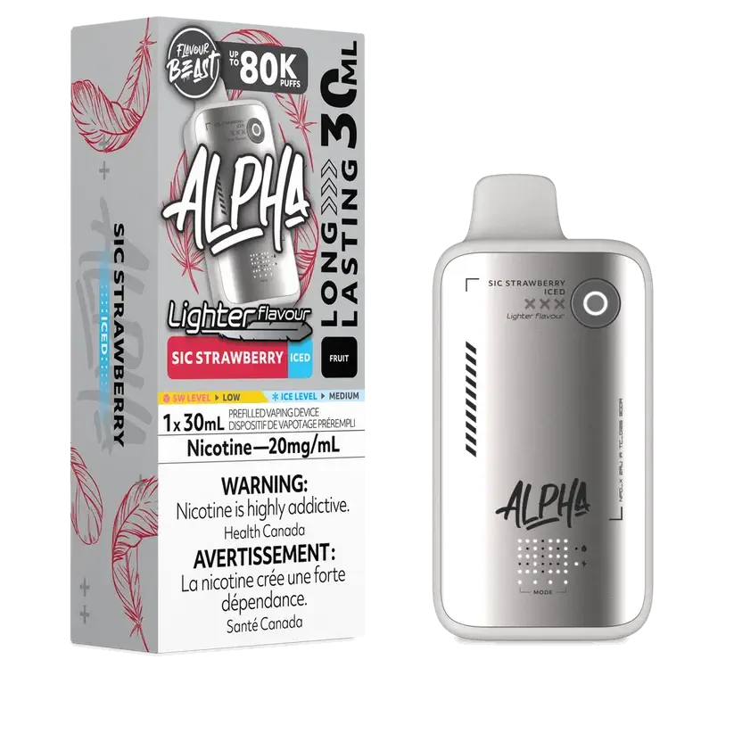 Flavour Beast Alpha 80K Sic Strawberry Iced disposable vape with 80,000 puffs, 4 power modes, and DOT Matrix display.


