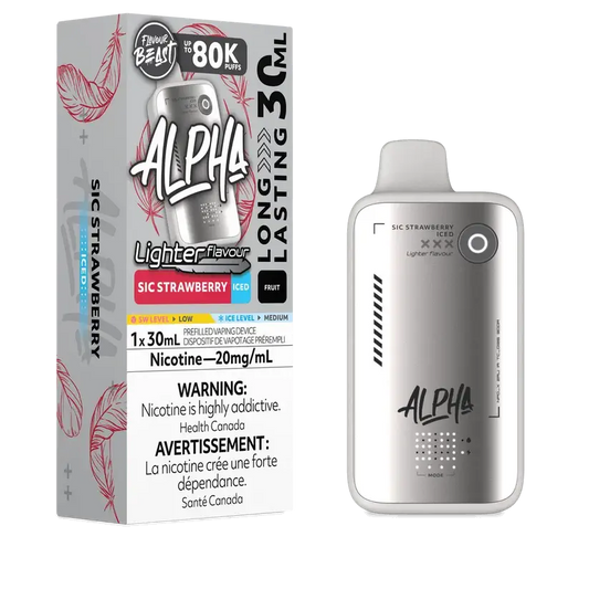 Flavour Beast Alpha 80K Sic Strawberry Iced disposable vape with 80,000 puffs, 4 power modes, and DOT Matrix display.

