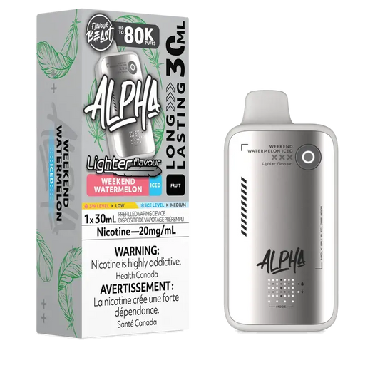 Flavour Beast Alpha 80K Weekend Watermelon Iced disposable vape with 80,000 puffs, 4 power modes, and DOT Matrix display.

