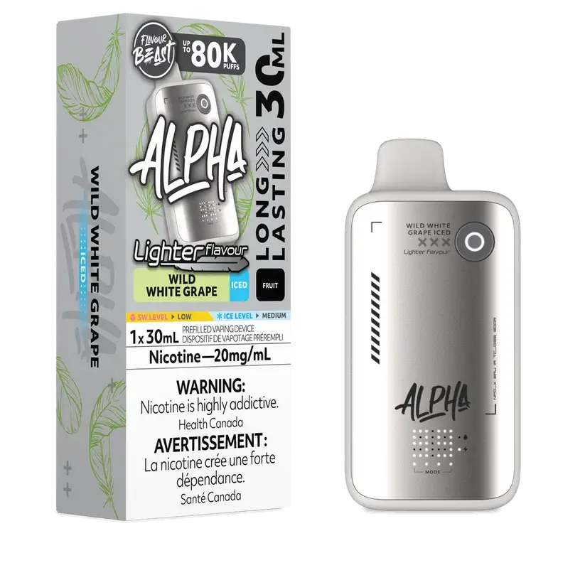 Flavour Beast Alpha 80K Wild White Grape Iced disposable vape with 80,000 puffs, 4 power modes, and DOT Matrix display.