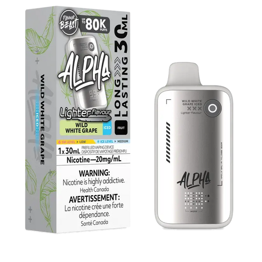 Flavour Beast Alpha 80K Wild White Grape Iced disposable vape with 80,000 puffs, 4 power modes, and DOT Matrix display.