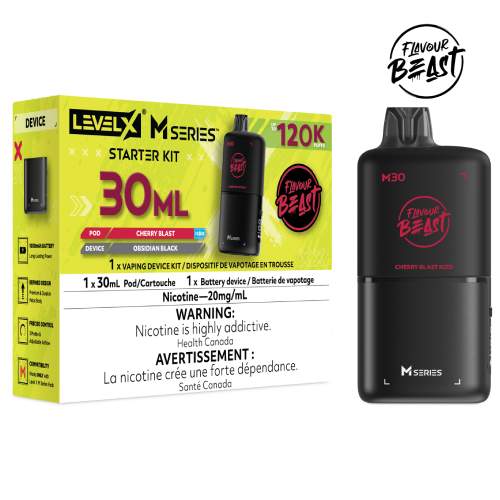 Level X Flavour Beast M Series Starter Kit in Cherry Blast Iced flavour with device and pod.

