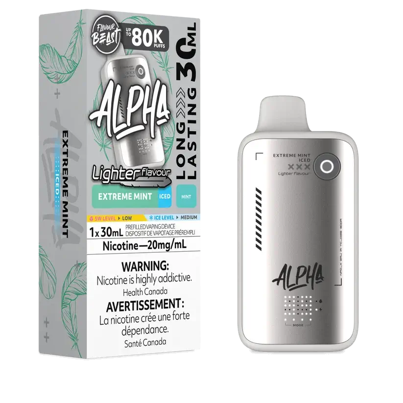 Flavour Beast Alpha 80K Extreme Mint Iced disposable vape with 80,000 puffs and 30mL e-liquid capacity.