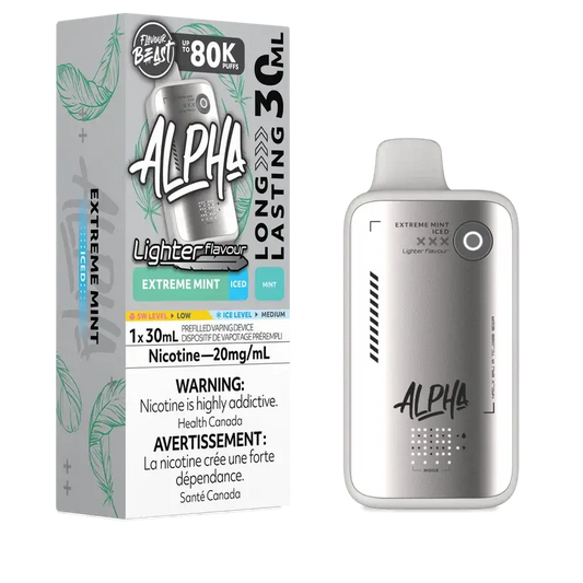 Flavour Beast Alpha 80K Extreme Mint Iced disposable vape with 80,000 puffs and 30mL e-liquid capacity.