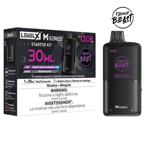 Level X Flavour Beast M Series Starter Kit in Groovy Grape Passionfruit Iced flavour with device and pod.

