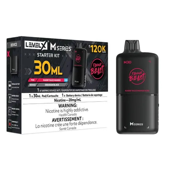 Level X Flavour Beast M Series Starter Kit in Ragin Razz Mango Iced flavour with device and pod.

