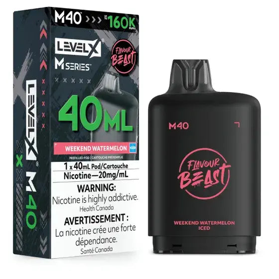 Level X Flavour Beast M Series replacement pod in Weekend Watermelon Iced flavor, featuring mesh coil technology.

